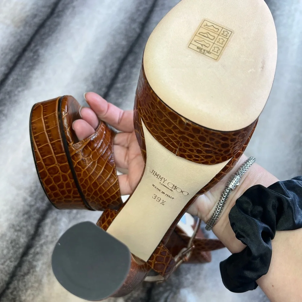 Jimmy Choo Peachy 125 Croc Embossed Leather Platform Sandal Heels